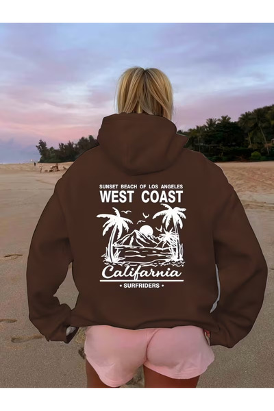 MARKATEM سترة رياضية بقلنسوة مع جيب على شكل كنغر مصنوعة من القطن بطباعة كاليفورنيا