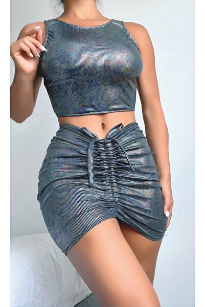 MODA YILDIZ Σετ Φούστας Ασημί Διπλό – Μοντέρνο Μίνι Σετ T εφέ σύσφιξης