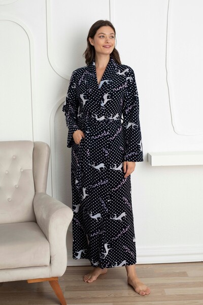 Rimel Homewear رداء نوم مخملي باللون الأزرق الداكن بطول كامل