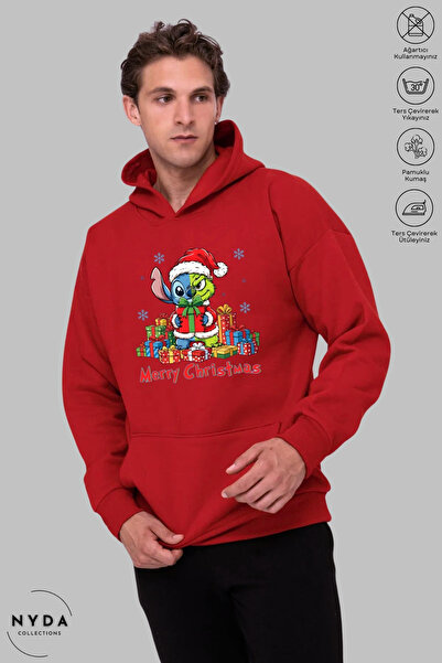 Nyda Collections Hanorac unisex cu mânecă lungă Stitch Grinch Crăciun cu imprimeu cu glugă cu căptușeală din fleece supradimensionat Bumbac Swea tricou