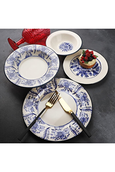 Kadim Vizyon Kosova Blue Daisy Vintage Porselen 24 Parça Yemek Takımı