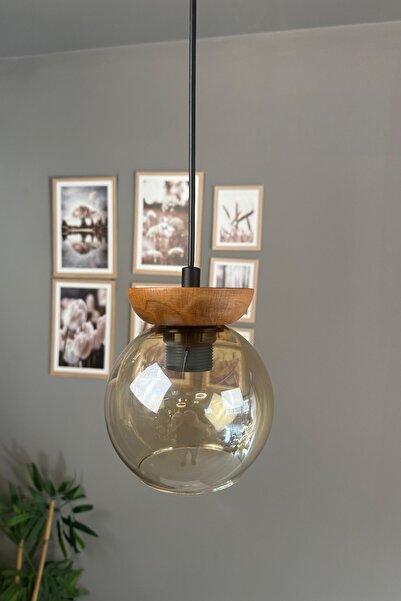 Bamyum Oria Bal Rengi Cam Tekli Avize Ahşap Tabak Başlık Retro Sarkıt Lamba S...