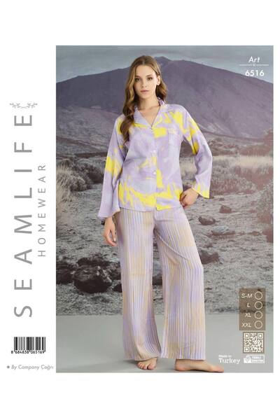 seamlife Women's Long Sleeve Woven Front Button Shirt Pajama Set