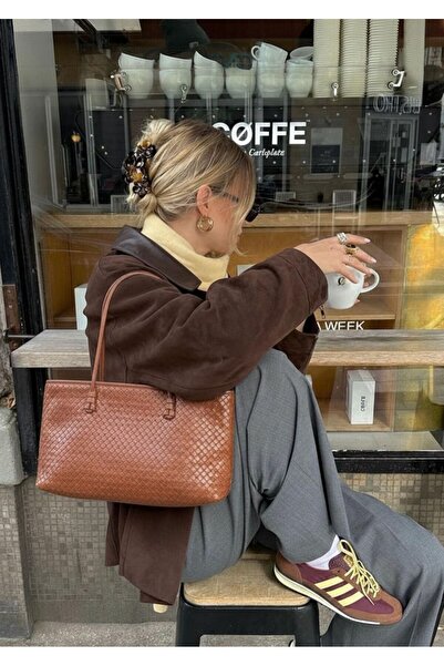 MioArt Women's Long Tote Bag Brown Braided