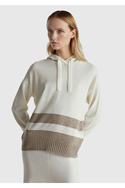 United Colors of Benetton Women's Ecru Wool and Cashmere Blend Hooded Sweater