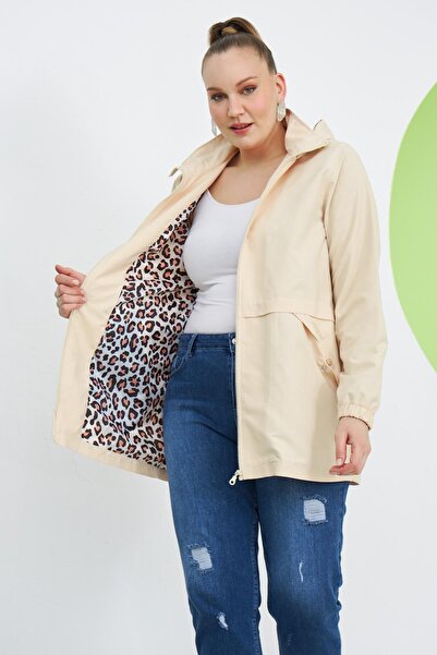 RMG Plus Size Cream Trench Coat with Leopard Pattern Lining