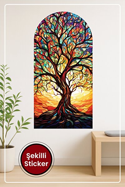 KOSS Dijital Oval Şekilli Vitray Ağaç Sticker Renkli Yapraklar ve Gün Batımı ...