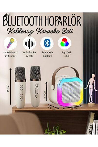 nextbuy Mini Karaoke Bluetooth Hoparlör 2x Mikrofonlu Rgb Led Işıklı 5 Efektli Şarjlı Ses Bombası