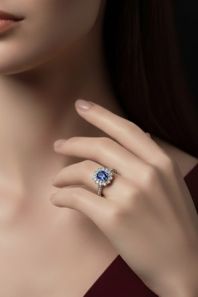 OSMANLI GÜMÜŞ Kadın Gümüş Yüzük - Yuvarlak Doğal Lacivert Safir Taşlı Gümüş Y...