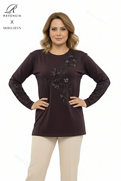 Ravencia Women's Middle Age and Above Viscose Leaf Pattern Stone Slit Embroidered L Stretch Fabric Mother Combed Cotton Blouse