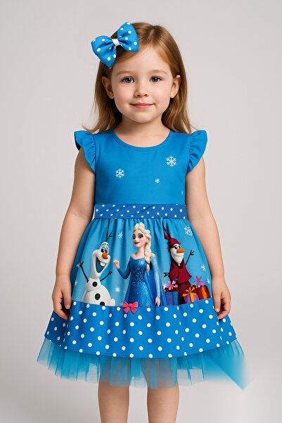 Cenanın Dolabı Mavi Karlar Kraliçesi Temalı Kız Çocuk Elbise Fiyonk Toka Takı...