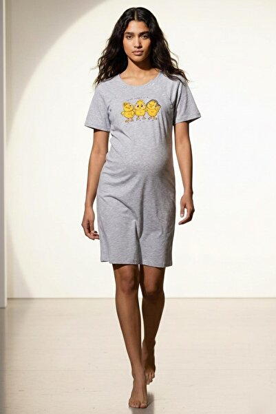 cotonhause Women's Breastfeeding-Friendly Maternity Nightgown Grey Melange 100% Cotton Short Sleeve Comfortable Fit Cot5121X2