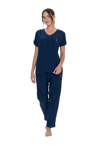 U.S. Polo Assn. U.S. Polo Assn. 20015 Women's Muslin Fabric Short Sleeve V-Neck Pajama Set Dark Blue