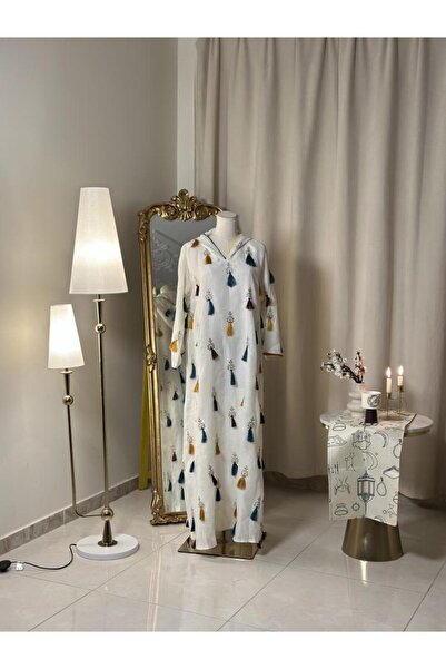 vanus fashion White jalabiya decorated with colorful tassels 5474