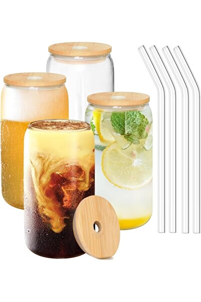 KitchenFresh SKY-TOUCH 4-piece 550ml Glass Cups with Bamboo Lids and Reusable...