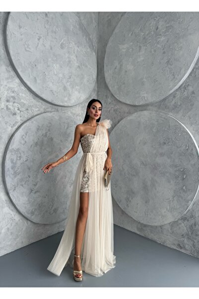 makastar Payetli Mini Abiye Tül Drapeli Asimetrik Tasarım