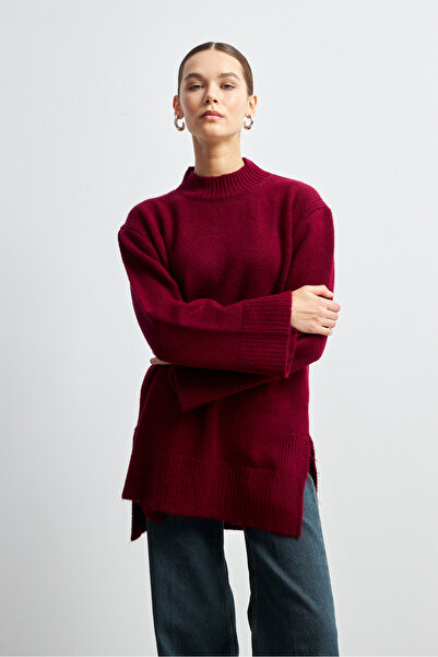 Bipantolon Women's Burgundy Turtleneck Soft Textured Basic Sweater