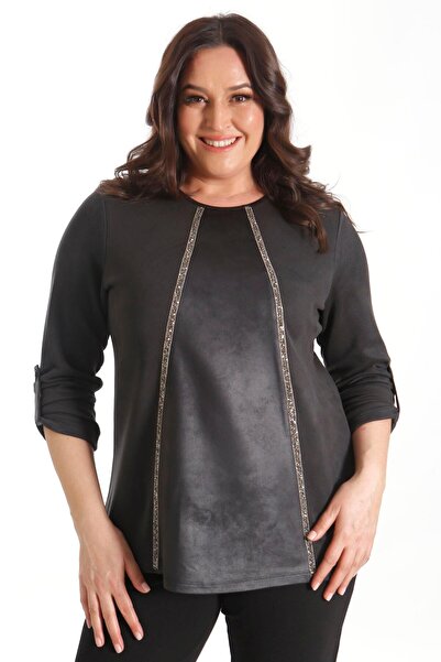 Metpoint Trend42Plus Plus Size Leather Piece Stone Stripe Black Blouse