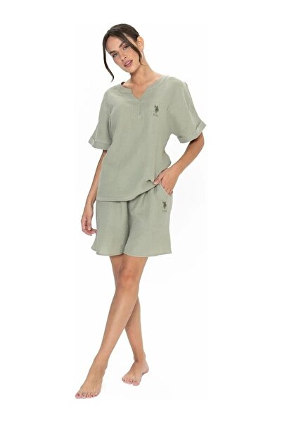 U.S. Polo Assn. Women's Casual Khaki T-Shirt-Shorts V-Neck Pajama Set