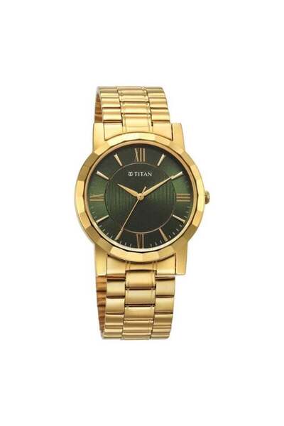 Titan ساعة رجالية 1644YM05 - مينا أخضر، سوار من الفولاذ المقاوم للصدأ الذهبي