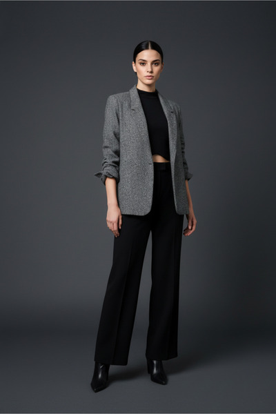 zaden Kadın Gri Dokulu Oversize Blazer Ceket