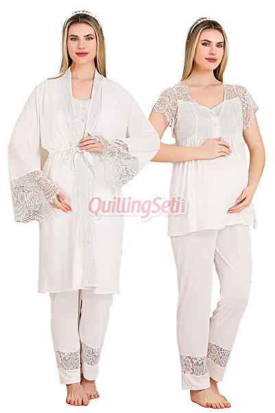 quilling Ekru Renkli ve Derin Patlı Lady 33002 Kısa Kollu, 3 Parça, Sabahlıkl...