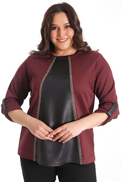 Metpoint Trend42Plus Plus Size Leather Piece Stone Stripe Burgundy Blouse
