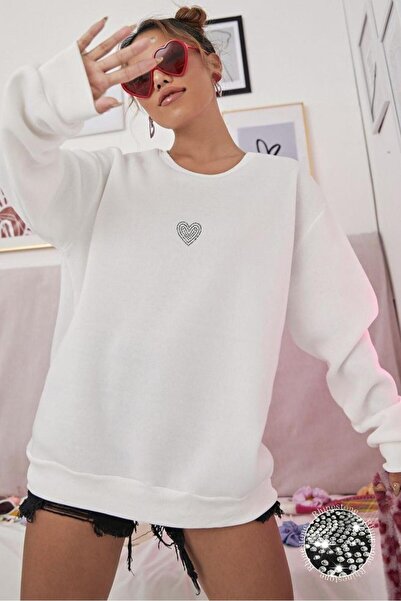 NO 601 سترة نسائية بيضاء من Heart Stone مطبوع بدون غطاء للرأس وياقة دائرية