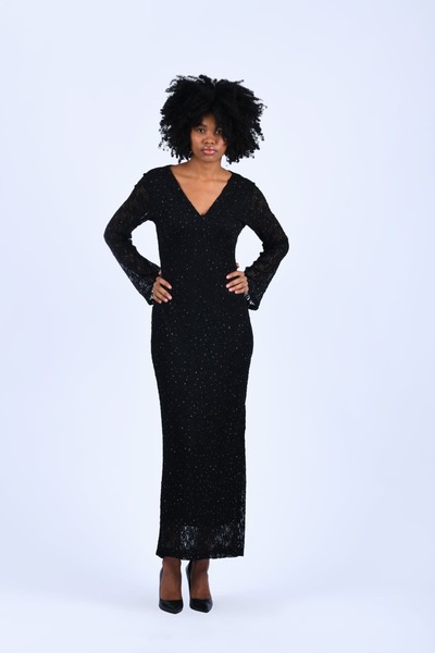 la luce Siyah V Yaka Dantelli Uzun Elbise - QE412