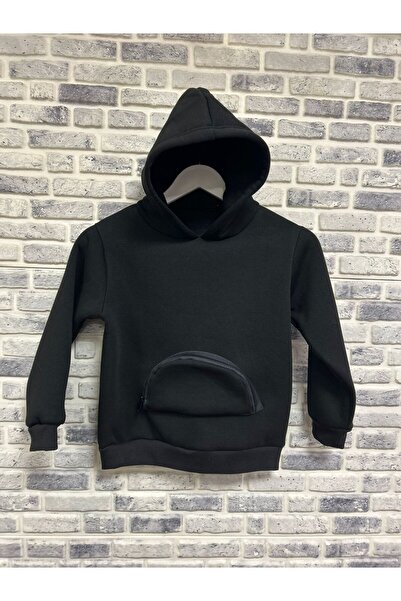 Markasız ucuz سترة رياضية سوداء للأطفال مع جيب كنغر بسحاب وتفاصيل مفصلة