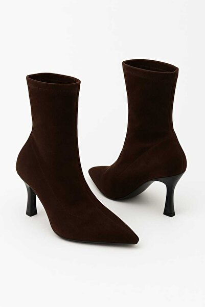 SETTİ MANA Süet Acı Kahve Sivri Burun İnce Topuklu Streç Bot