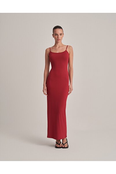 lessandromance SIRT DEKOLTELİ ASKILI UZUN ELBİSE BORDO
