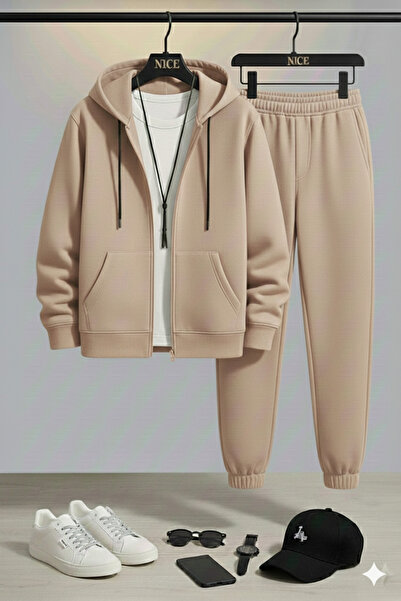 NİCE Men's Zippered Hooded Tracksuit Set | Relaxed Fit,Sportswear,Casual Combination,Cardigan with Pockets-Jogger Bottom