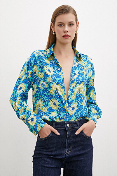 PROTO SUIT V-Neck Patterned Blue Shirt