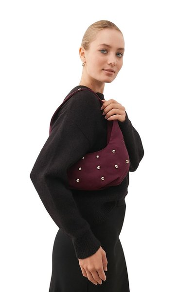World Star Burgundy Suede Trok Stone Women's Oval Medium Size Hand and Shoulder Bag