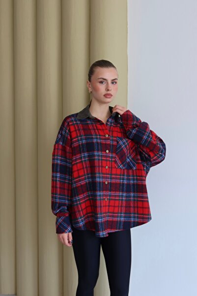 FEHUBLOOM Kadın Kırmızı Ekose Oversize Gömlek