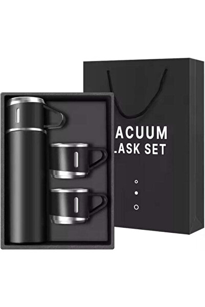 Tenzo Set termos premium din oțel inoxidabil – cu 3 căni, negru, ambalaj elegant