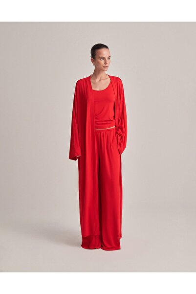 lessandromance KEMERLİ KOMBİNE UZUN KİMONO KIRMIZI