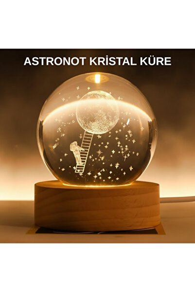 AyrStore 3D Astronot Kristal Küre Gece Lambası Usb Ahşap Standlı Dekoratif Işık
