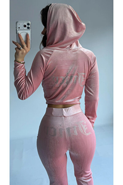 8line Pink Velvet Stone Juicy Hooded Tracksuit Set