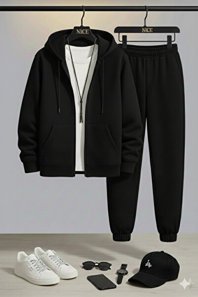 NİCE ERKEK FERMUARLI KAPÜŞONLU EŞOFMAN TAKIMI|Rahat Kesim,Spor Giyim,Günlük Kombin,Cepli Hırka-Jogger Alt