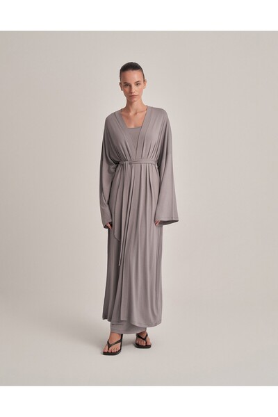 lessandromance KEMERLİ KOMBİNE UZUN KİMONO KÜL GRİ