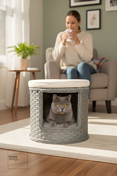 Orysa Design KE-1 Premium Rattan Kedi Evi ve Puf - Gri Krem