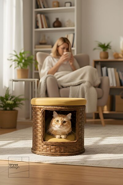 Orysa Design KE-1 Premium Rattan Kedi Evi ve Puf - Kahverengi Hardal