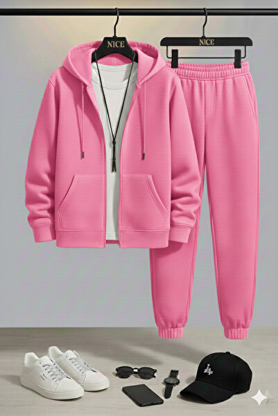 NİCE Men's Zippered Hooded Tracksuit Set | Relaxed Fit,Sportswear,Casual Combination,Cardigan with Pockets-Jogger Bottom