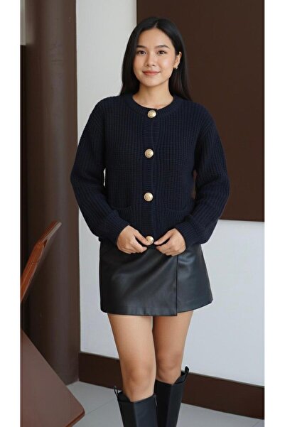 louyan fashion كارديجان نسائي ذو أزرار ذهبية وحياكة سميكة ونقشة وياقة مستديرة