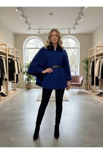 MC Boutique Kadın Kaşe Kumaş Kürk Yakalı Pelerin – Mavi