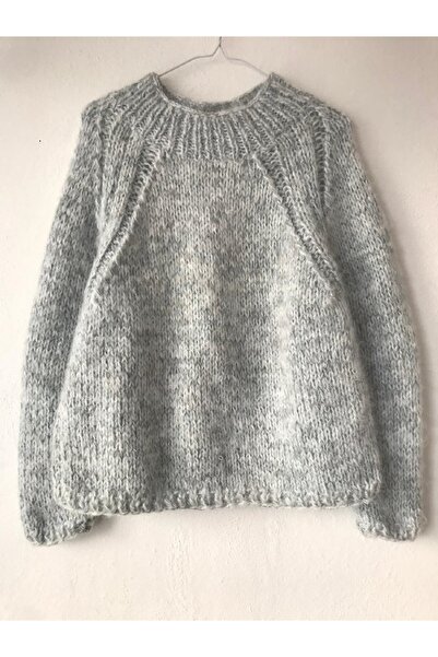 lovetheworld Buzmavi gri kırçıllı moher angora tiftik mix geniş bisiklet yaka reglan oversize elörgü kazak