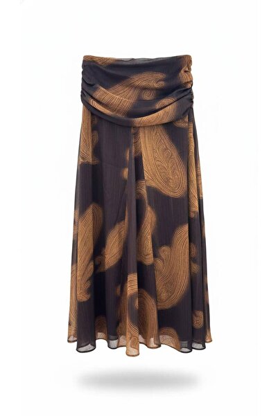 Bak'ap Trend Premium Ethnic Patterned Brown Long Flared Chiffon Skirt