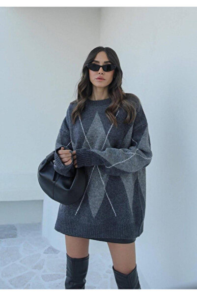 OEM Kadın Oversize Baklava Desenli Triko Kazak – Gri – Yumuşak
